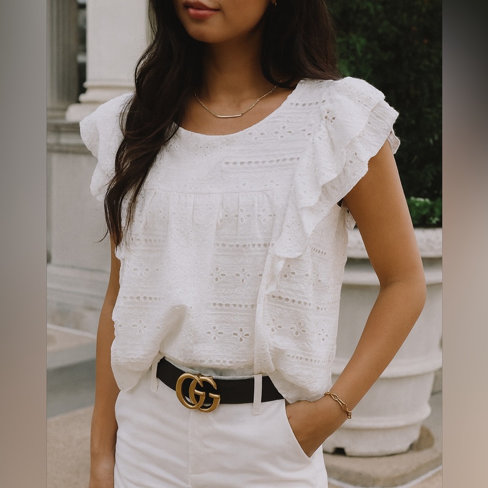 Laurella, white eyelet ruffle blouse, size S/M